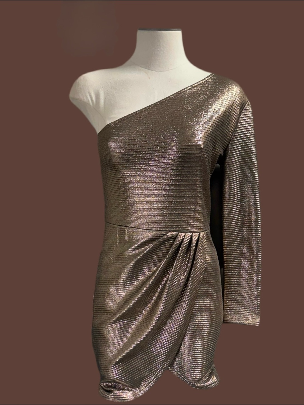 Metallic Bronze One-Shoulder Mini Dress with Draped Skirt